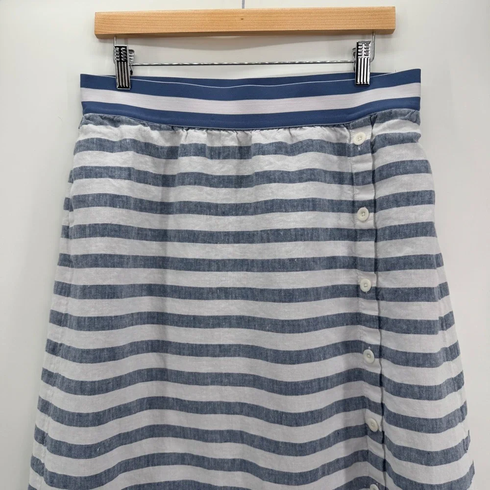 J. Jill Love Linen Womens Sz M Blue & White Striped Maxi Skirt Coastal Nautical